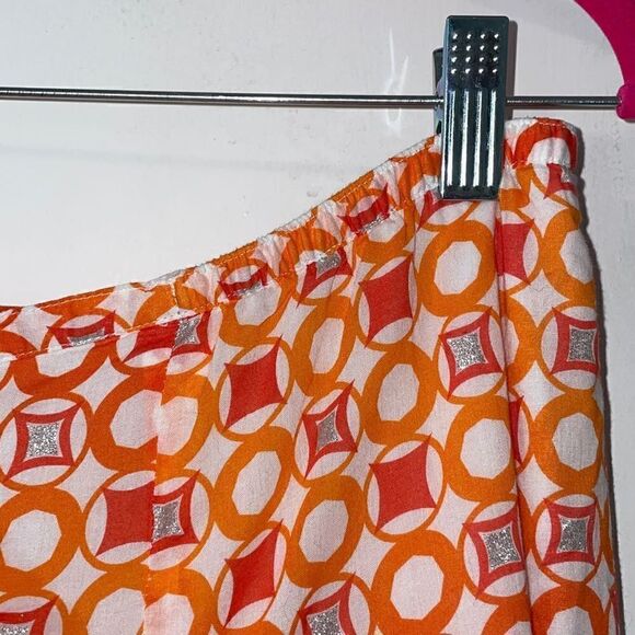 Lark Lane orange, white, & silver geometric print cotton panel twirl skirt 14 - Picture 6 of 8